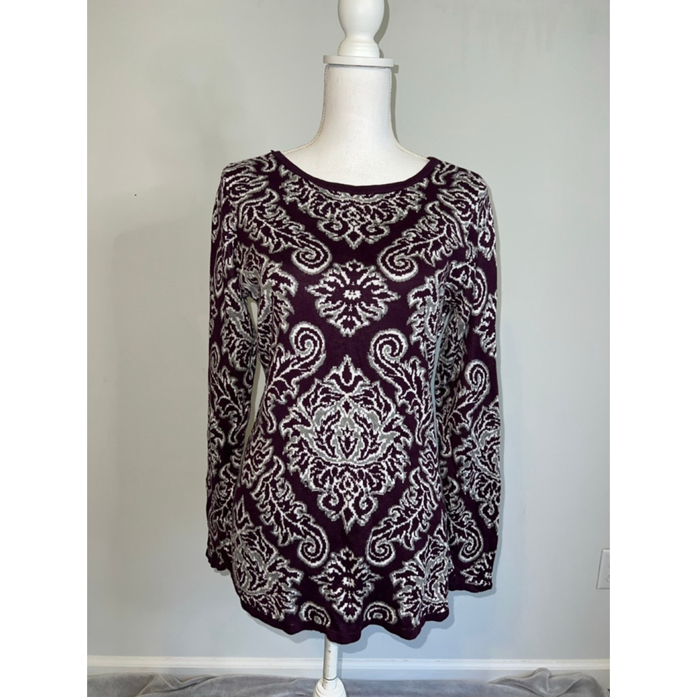 Women's Charter Club Crew Neck Sweater M Burgundy White Damask